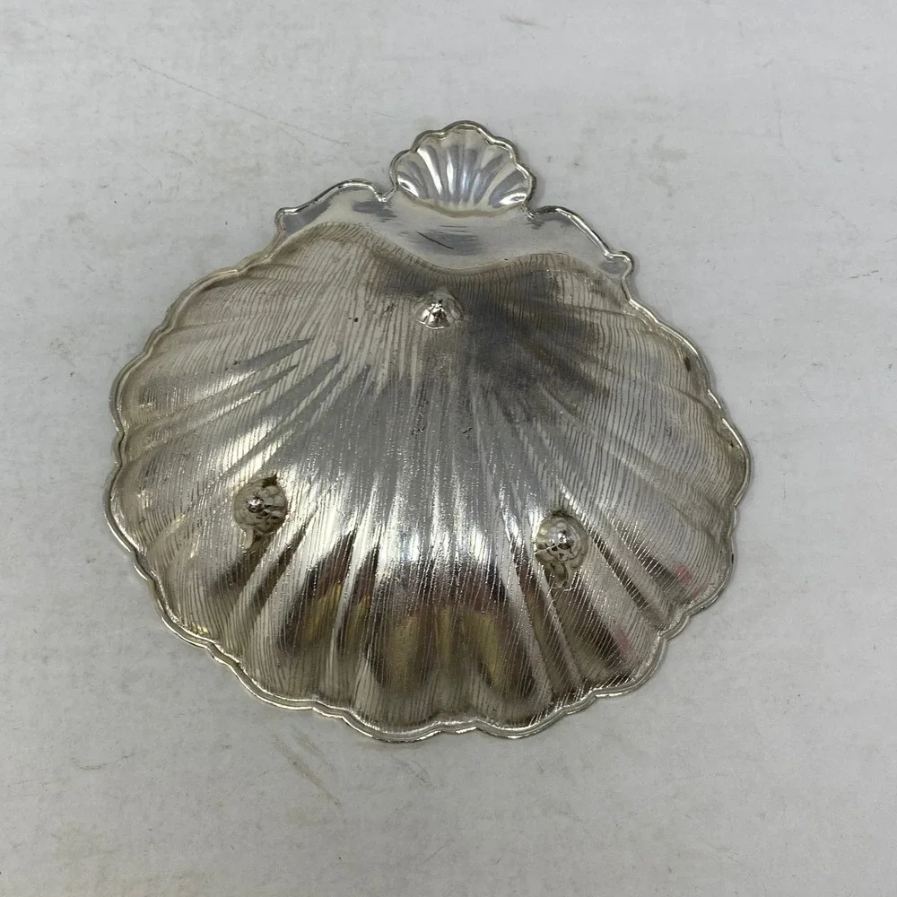 Vintage Silver Tone Scallop Shell Trinket Dish Set of 2 Footed Catchall 6in
